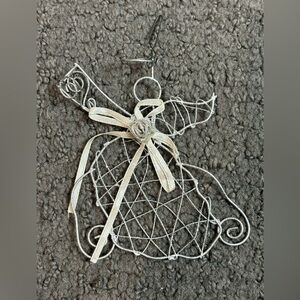 Vintage Wire Angel Christmas Ornament Silver Rose 4”